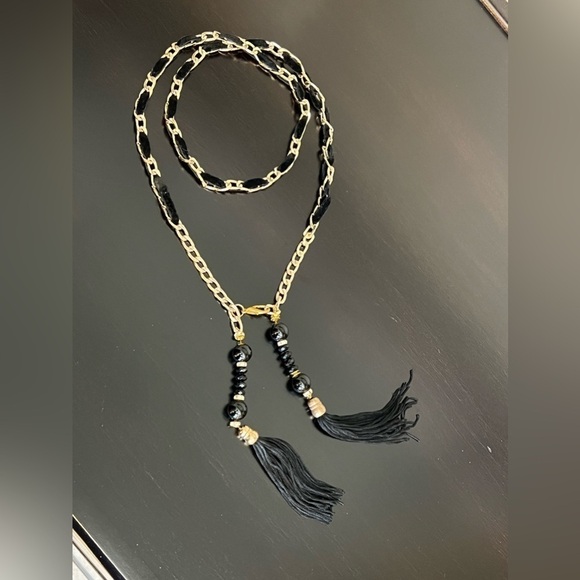 Retro chain belt with beads and tassles accents, black and gold tone - Picture 1 of 9